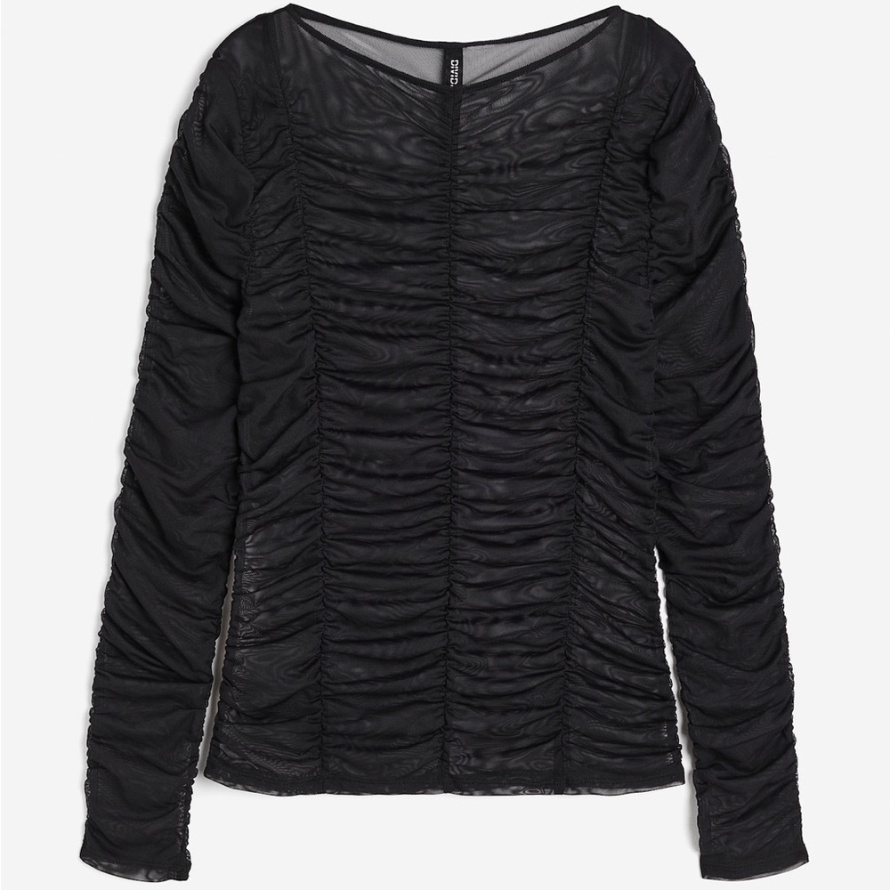 NWT H&M Black Ruched Mesh Top